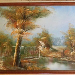 Original oil painting on Canvas landscape framed watermill, pond, cabin wall art